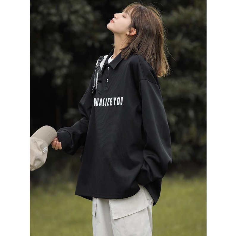 Áo polo sweater Unisex YISUALISEYOU, Áo dáng rộng cổ bẻ tay dài chất nỉ cotton phong cách Hàn Quốc