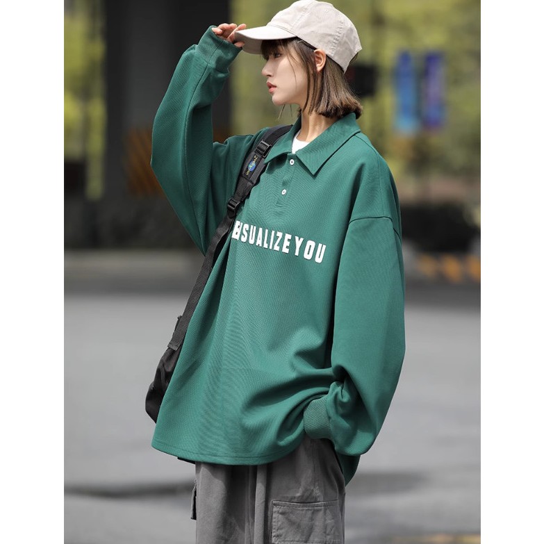 Áo polo sweater Unisex YISUALISEYOU, Áo dáng rộng cổ bẻ tay dài chất nỉ cotton phong cách Hàn Quốc