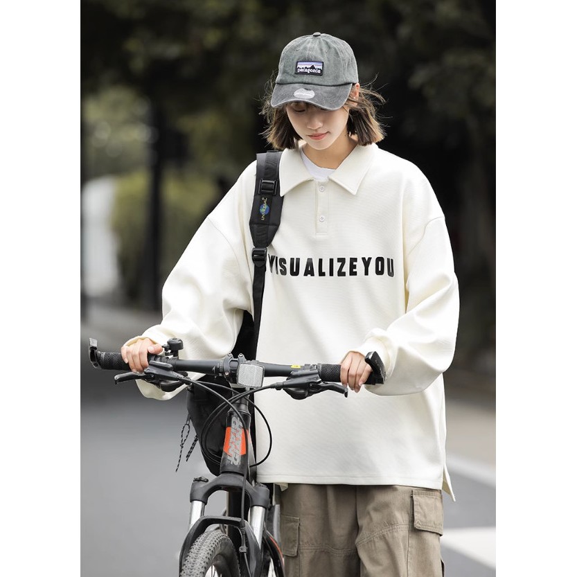 Áo polo sweater Unisex YISUALISEYOU, Áo dáng rộng cổ bẻ tay dài chất nỉ cotton phong cách Hàn Quốc