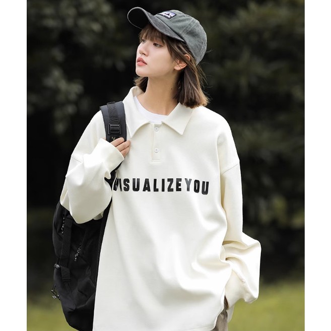 Áo polo sweater Unisex YISUALISEYOU, Áo dáng rộng cổ bẻ tay dài chất nỉ cotton phong cách Hàn Quốc