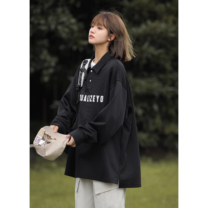 Áo polo sweater Unisex YISUALISEYOU, Áo dáng rộng cổ bẻ tay dài chất nỉ cotton phong cách Hàn Quốc