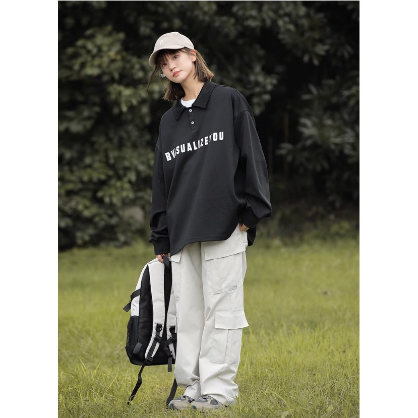 Áo polo sweater Unisex YISUALISEYOU, Áo dáng rộng cổ bẻ tay dài chất nỉ cotton phong cách Hàn Quốc