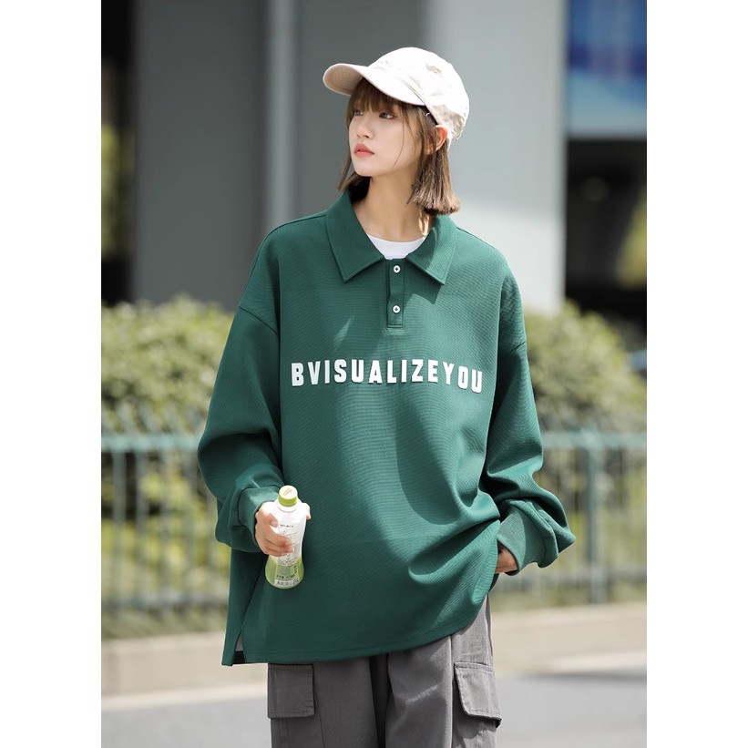 Áo polo sweater Unisex YISUALISEYOU, Áo dáng rộng cổ bẻ tay dài chất nỉ cotton phong cách Hàn Quốc