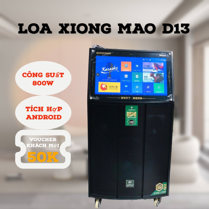 Loa kéo di động Karaoke Xiong Mao D13 công suất loa 800W Bass 40 kèm 2 míc tích hợp kèm màn hình cảm ứng Android 19 inch