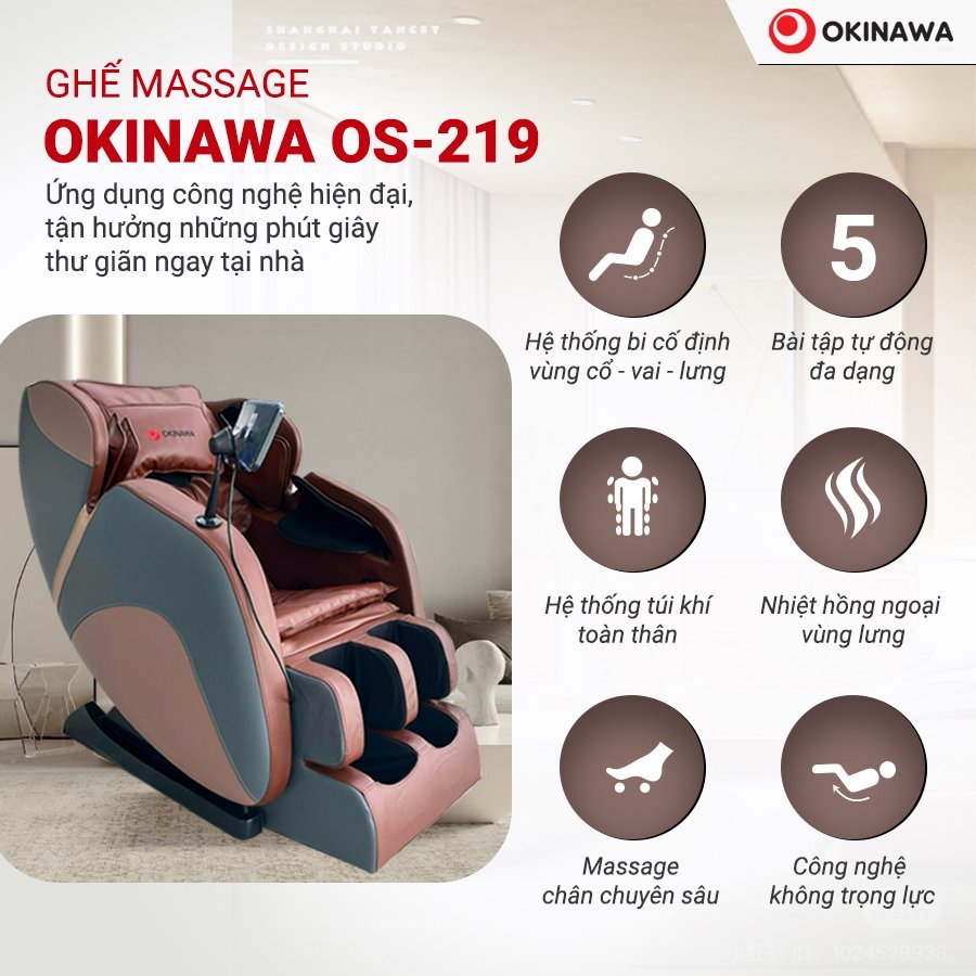 Ghế massage toàn thân Okinawa OS - 219, xoa dịu đau mỏi vai gáy, đau lưng, tê bì chân tay