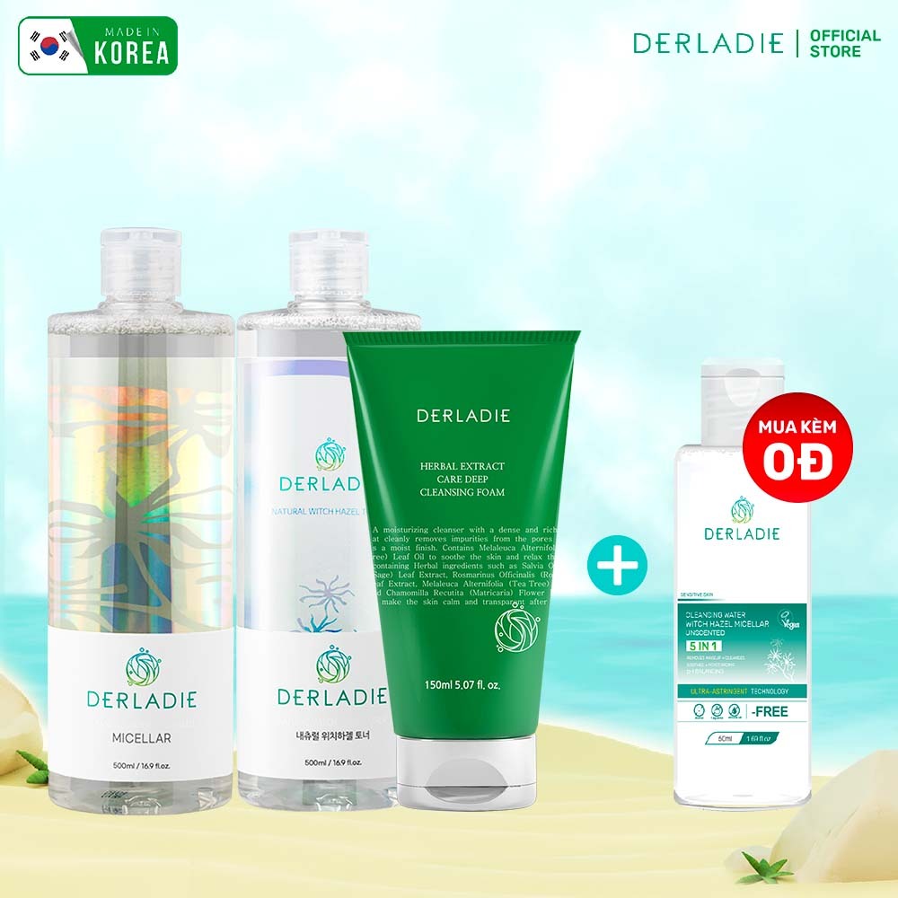 Bộ 3 sản phẩm Tẩy trang Derladie 500ml, Toner Derladie Natural Witch Hazel 500ml, Sữa Rửa Mặt Tràm Trà Derladie 150ml