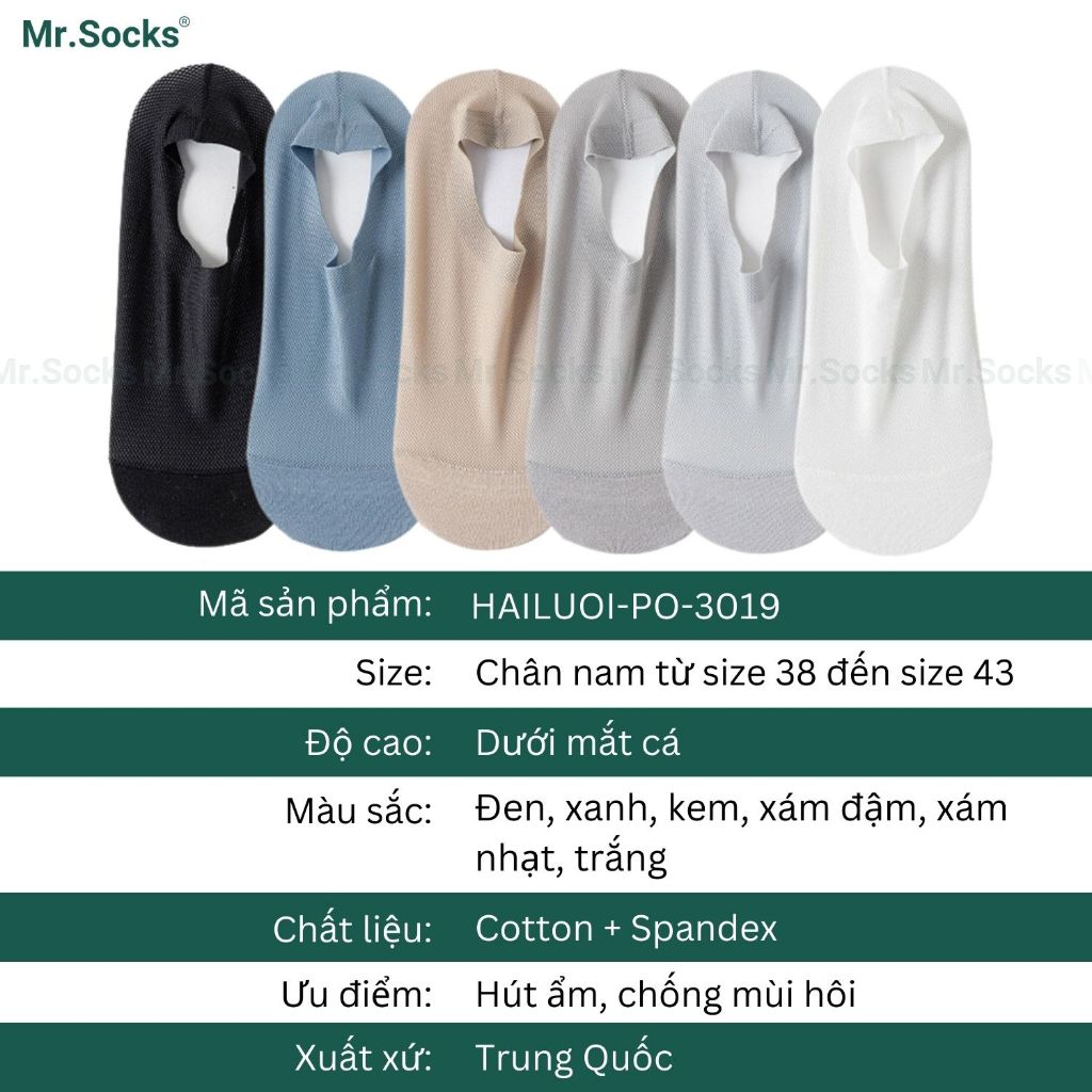 Tất tàng hình nam Mr.Socks có mặt lưới thoáng khí, chất liệu cotton cao cấp hút ẩm êm chân HAILUOI-PO-3019