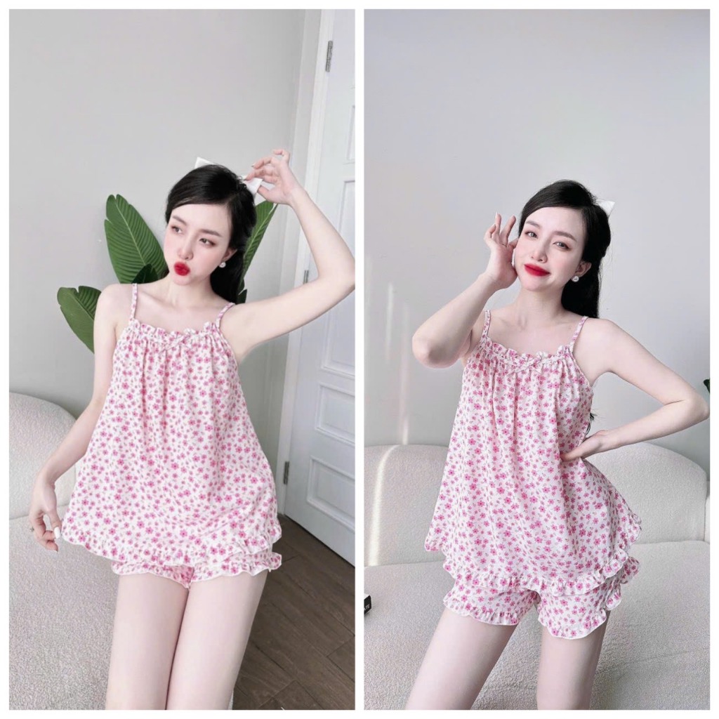 Bộ ngủ nữ lụa 2 dây Annytrinh mặc nhà đẹp mát mẻ, thoải mái xinh xắn cho mùa hè free size dưới 55kg