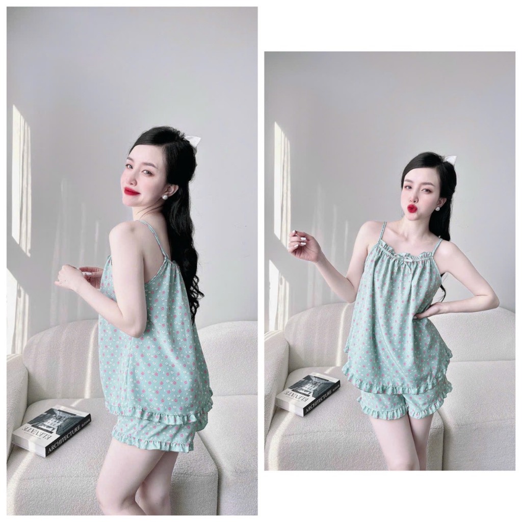 Bộ ngủ nữ lụa 2 dây Annytrinh mặc nhà đẹp mát mẻ, thoải mái xinh xắn cho mùa hè free size dưới 55kg
