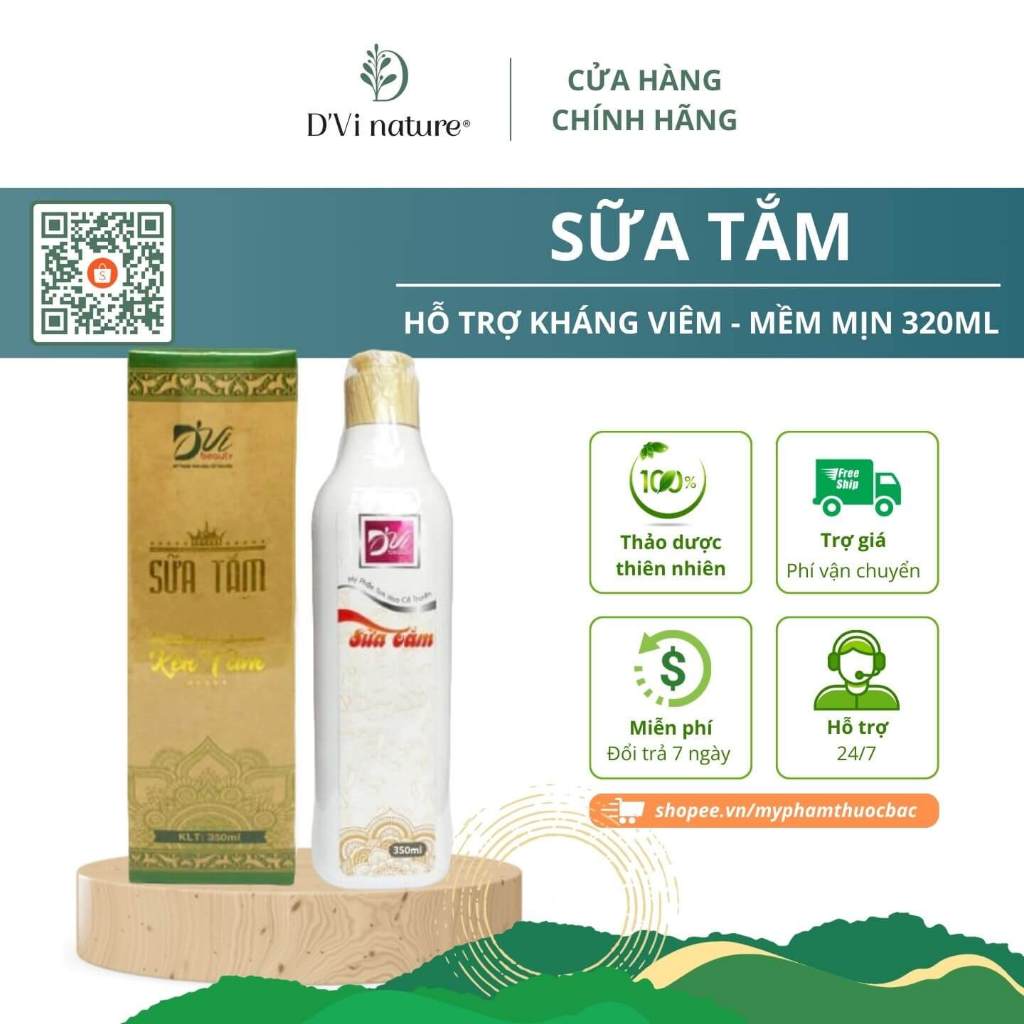 Sữa tắm kén tằm D'Vi nature 320ml giúp da sáng mịn, hồng hào, mờ thâm, lấy sạch tế bào chết trên da