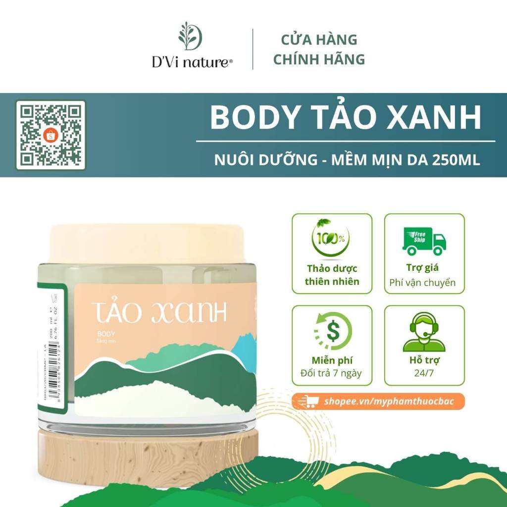 Dưỡng body tảo xanh D’Vi nature giúp làm mềm mịn da, làm mờ vết thâm, làm sạch tế bào chết trên da từ thảo dược
