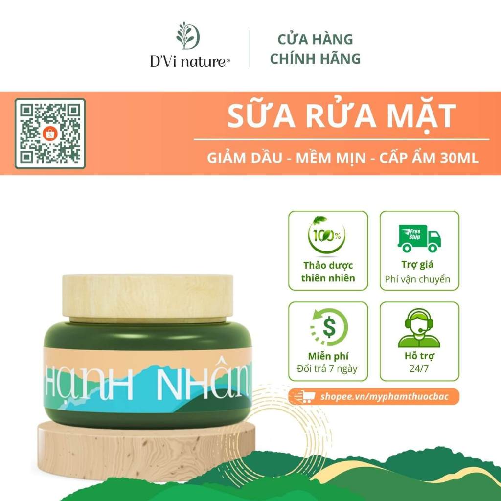 Sữa rửa mặt hạnh nhân D’Vi nature giúp triệt nhờn, tuần hoàn bã nhờn, sạch sâu lỗ chân lông, không bọt từ thảo dược