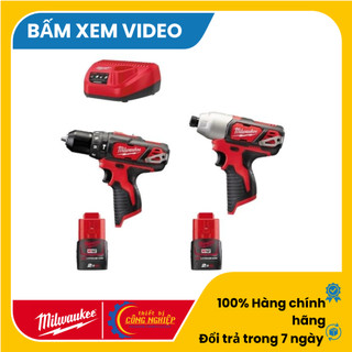 Máy khoan pin M12 BPD Milwaukee + Máy vặn vít pin M12 BID Milwaukee hàng chính hàng. Combo gồm thân máy pin sạc