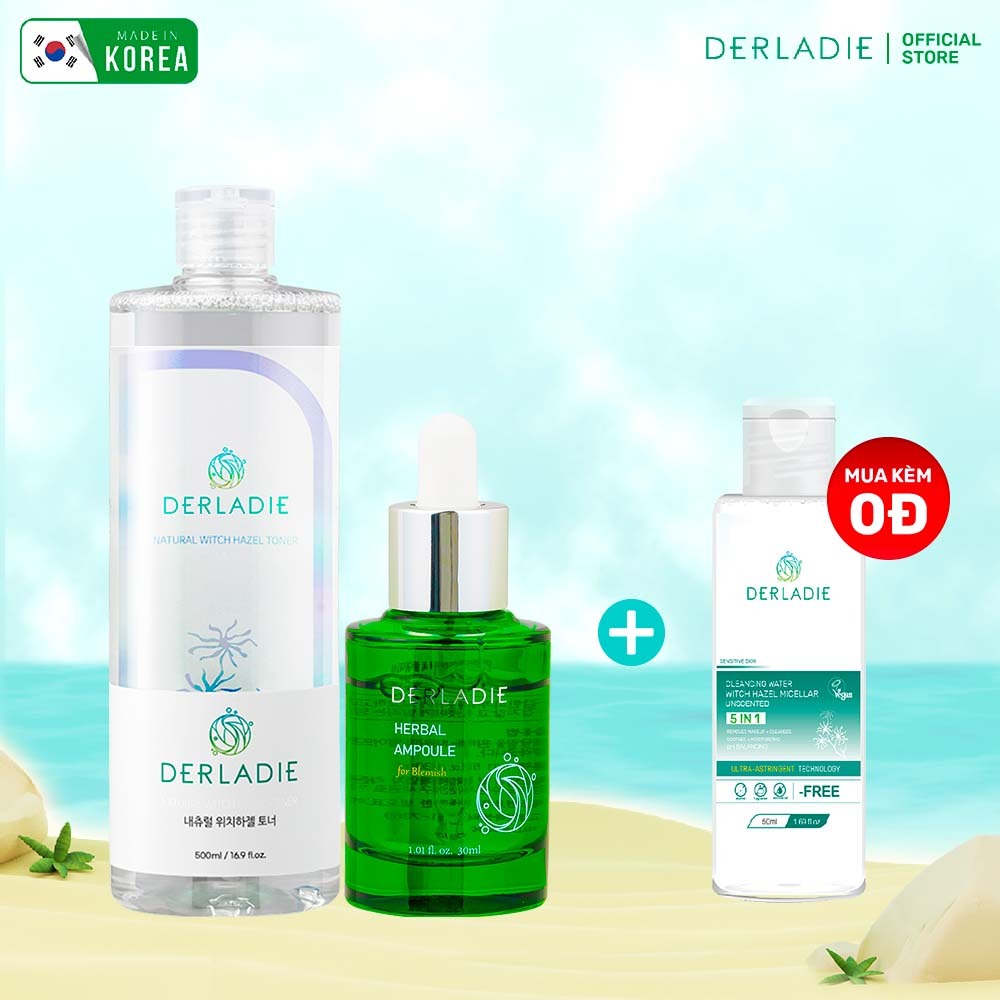 Bộ đôi Toner Derladie 500ml, Siêu Tinh Chất Tràm Trà giảm mụn Derladie Herbal For Blemish 30ml