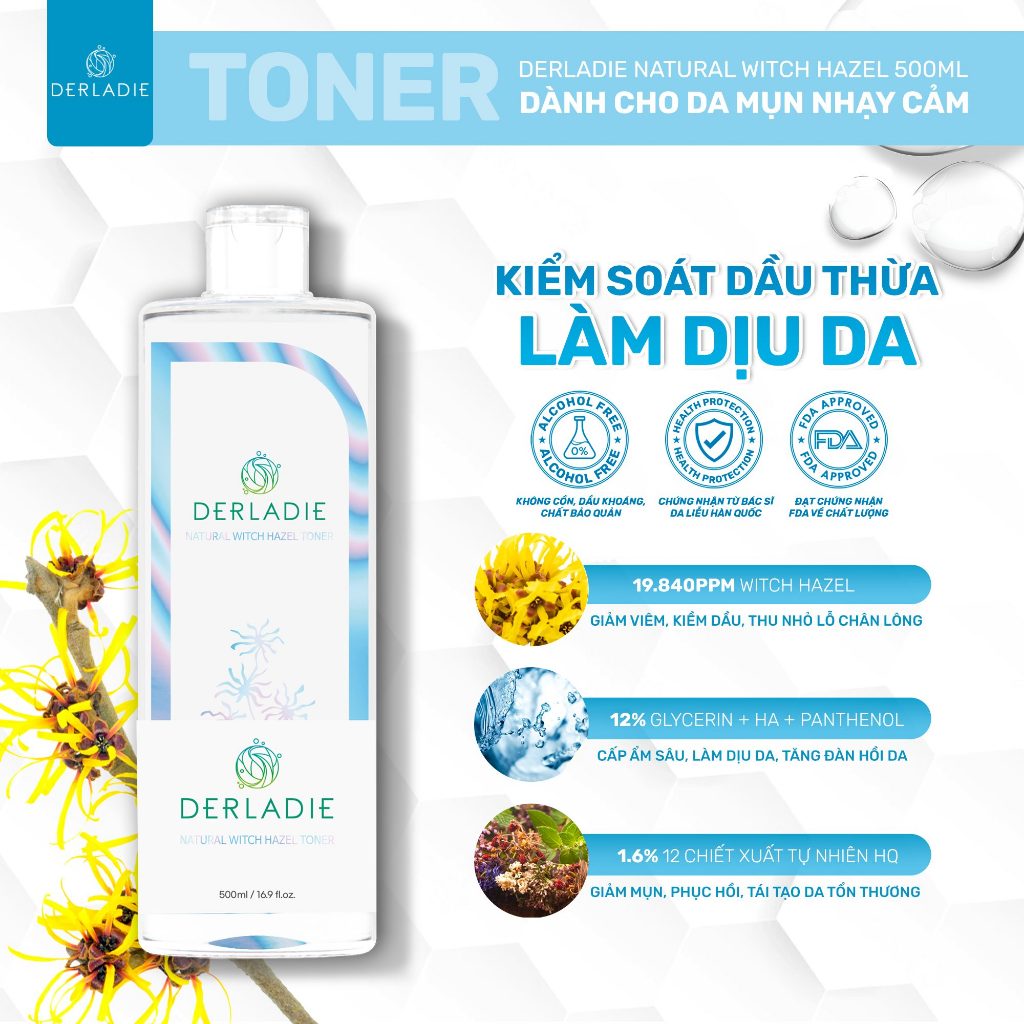 Bộ 3 sản phẩm Hỗ Trợ Giảm Mụn Toner 500ml, Sữa Rửa Mặt 150ml, Chấm Mụn Tràm Trà Derladie 10ml