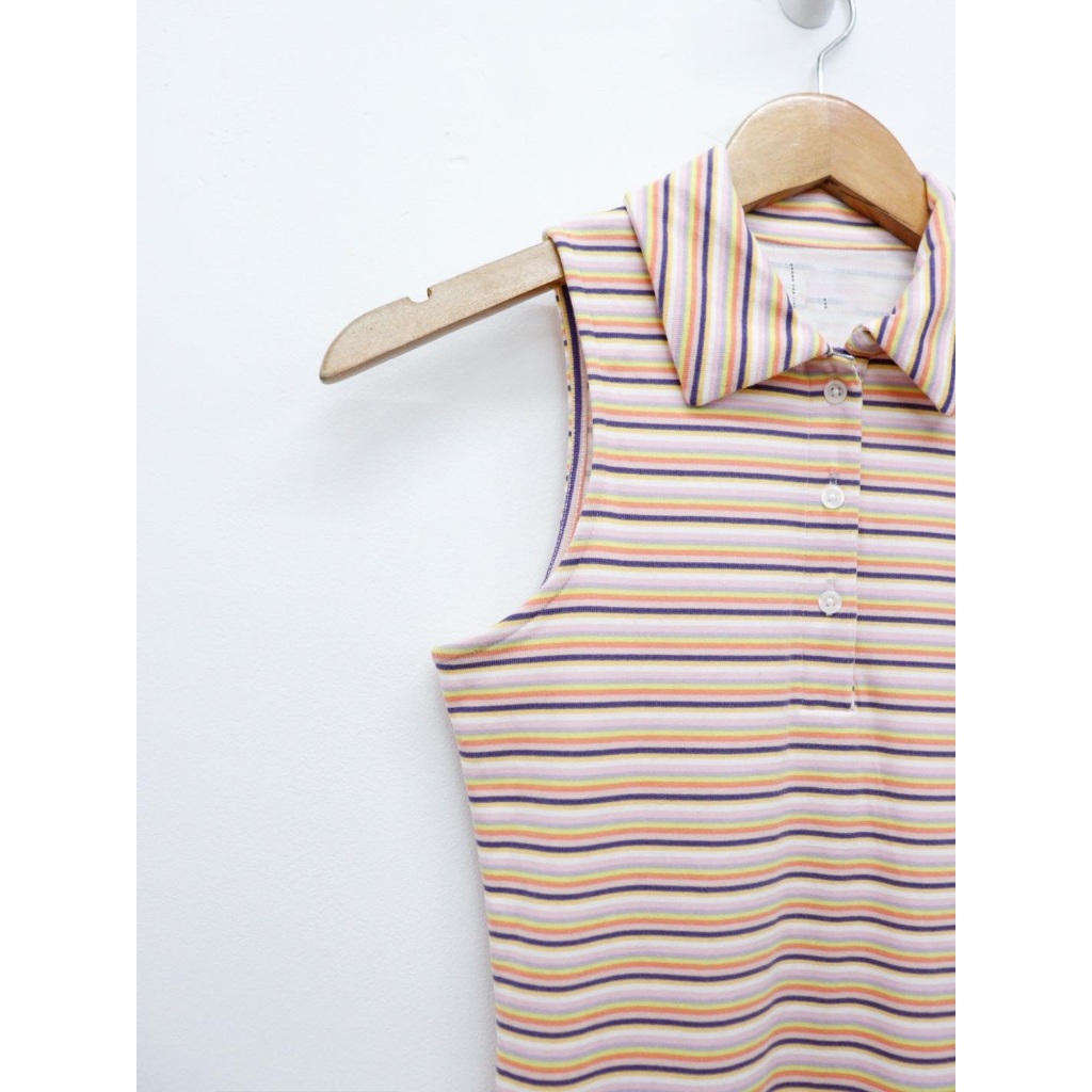 C2985 - Đầm thun sát nách cổ bẻ nút trước phối sọc ngang