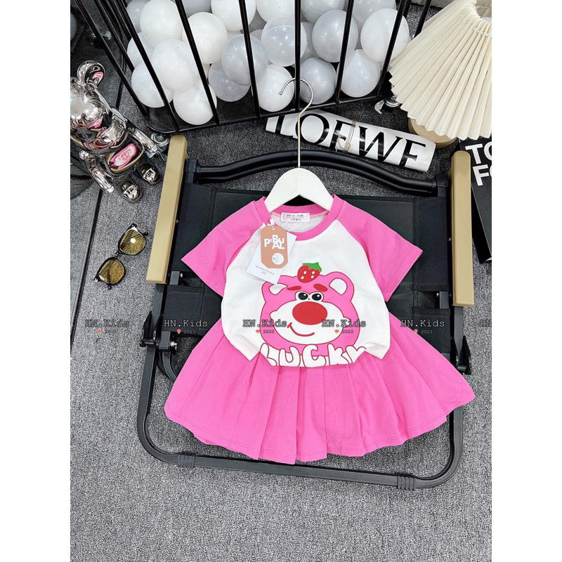 Sét váy gấu dâu cotton cho bé gái