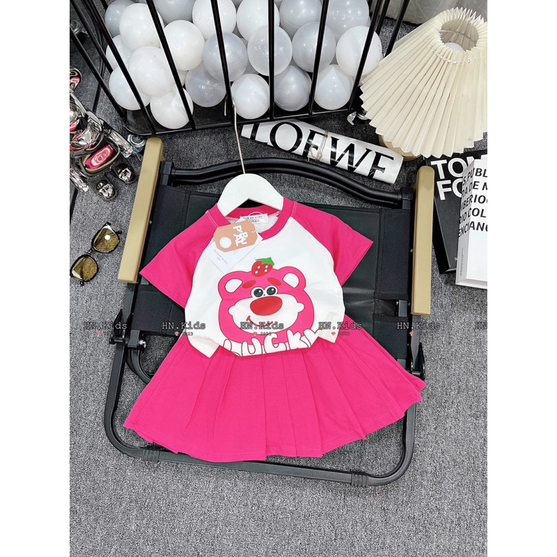 Sét váy gấu dâu cotton cho bé gái