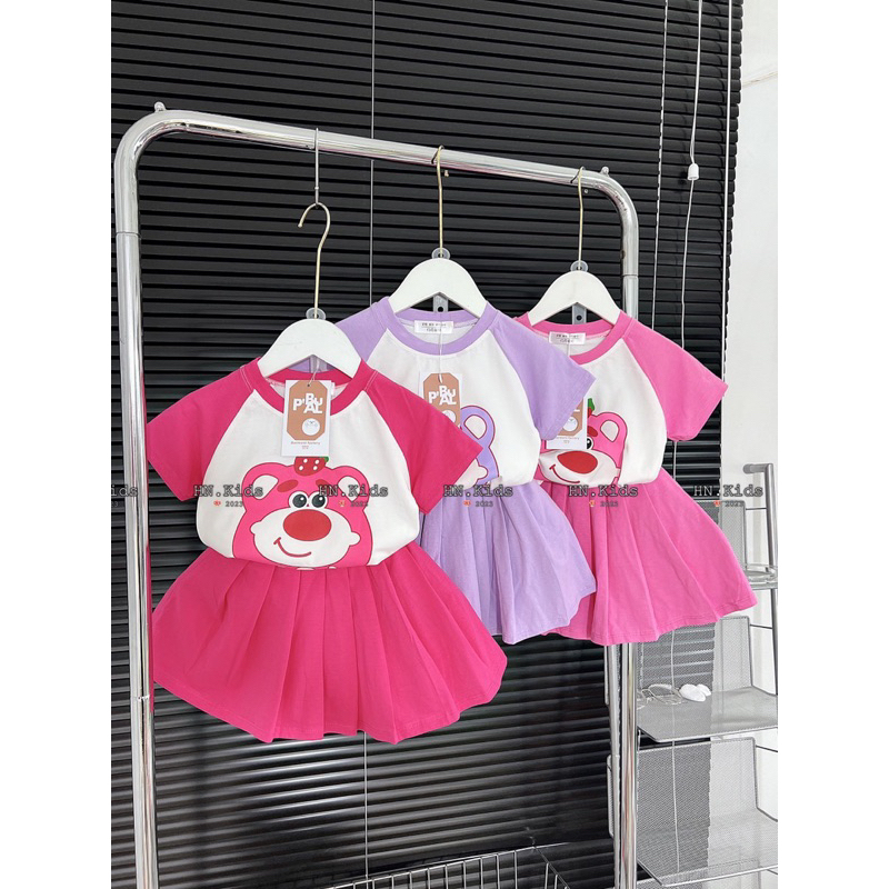 Sét váy gấu dâu cotton cho bé gái