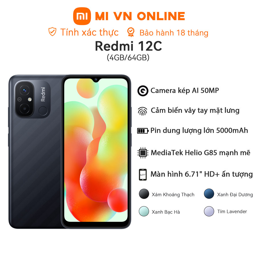 Điện thoại Xiaomi Redmi 12C 4+64GB | MediaTek Helio G85 | Camera kép AI 50MP | Pin 5000mAh