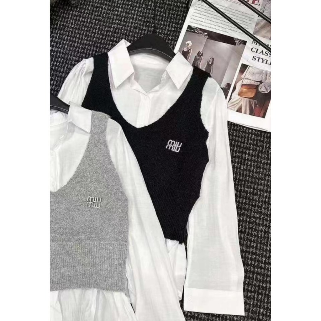 Áo Sơ Mi Nữ Trắng Lụa Phối Gile Len Tay Dài Trẻ Trung GOSS GA640 Áo Sơ Mi Nữ Cách Điệu Đi Chơi Thu Đông P224726