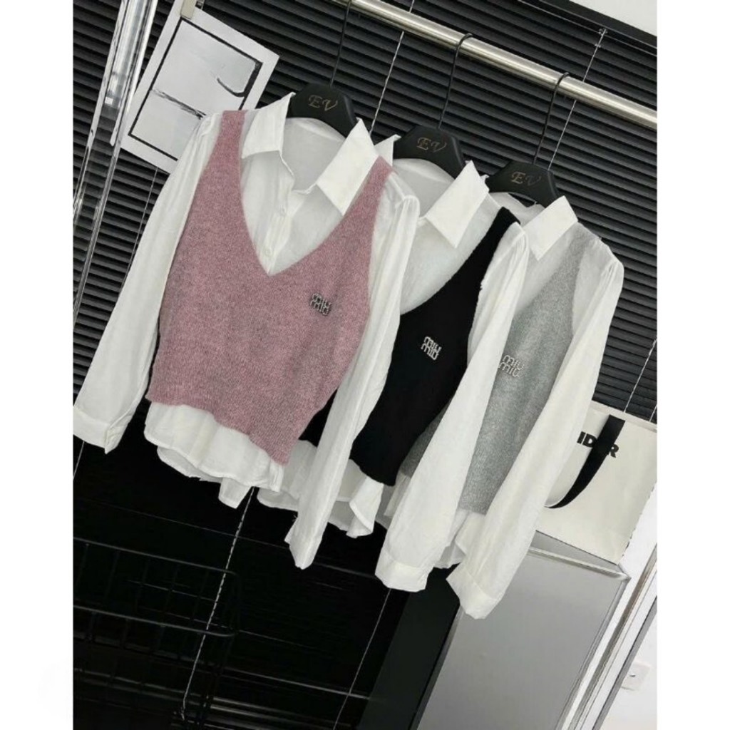 Áo Sơ Mi Nữ Trắng Lụa Phối Gile Len Tay Dài Trẻ Trung GOSS GA640 Áo Sơ Mi Nữ Cách Điệu Đi Chơi Thu Đông P224726