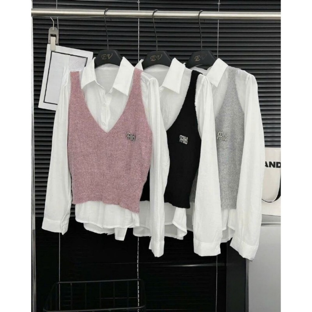 Áo Sơ Mi Nữ Trắng Lụa Phối Gile Len Tay Dài Trẻ Trung GOSS GA640 Áo Sơ Mi Nữ Cách Điệu Đi Chơi Thu Đông P224726