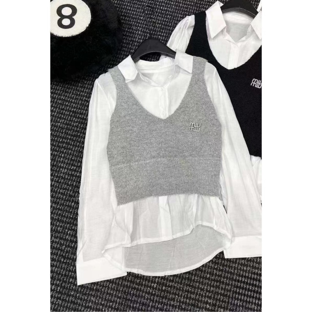 Áo Sơ Mi Nữ Trắng Lụa Phối Gile Len Tay Dài Trẻ Trung GOSS GA640 Áo Sơ Mi Nữ Cách Điệu Đi Chơi Thu Đông P224726