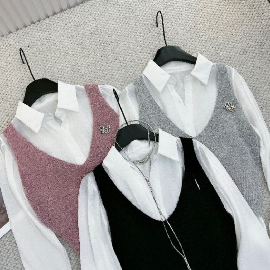 Áo Sơ Mi Nữ Trắng Lụa Phối Gile Len Tay Dài Trẻ Trung GOSS GA640 Áo Sơ Mi Nữ Cách Điệu Đi Chơi Thu Đông P224726