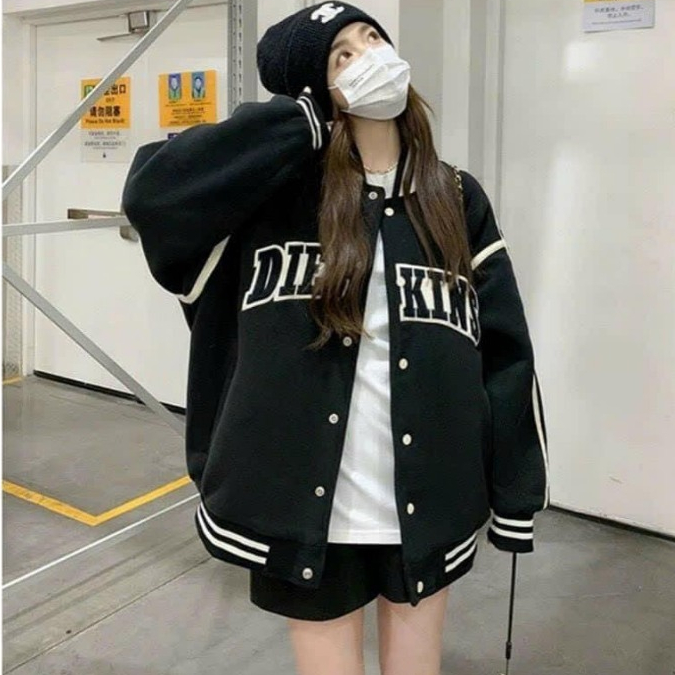 Áo Khoác Bomber Nỉ Cúc Bấm Form Rộng Unisex Thêu Chữ KINS Phối Viền Line Chất Nỉ Dày Dặn Phong Cách Hàn Quốc