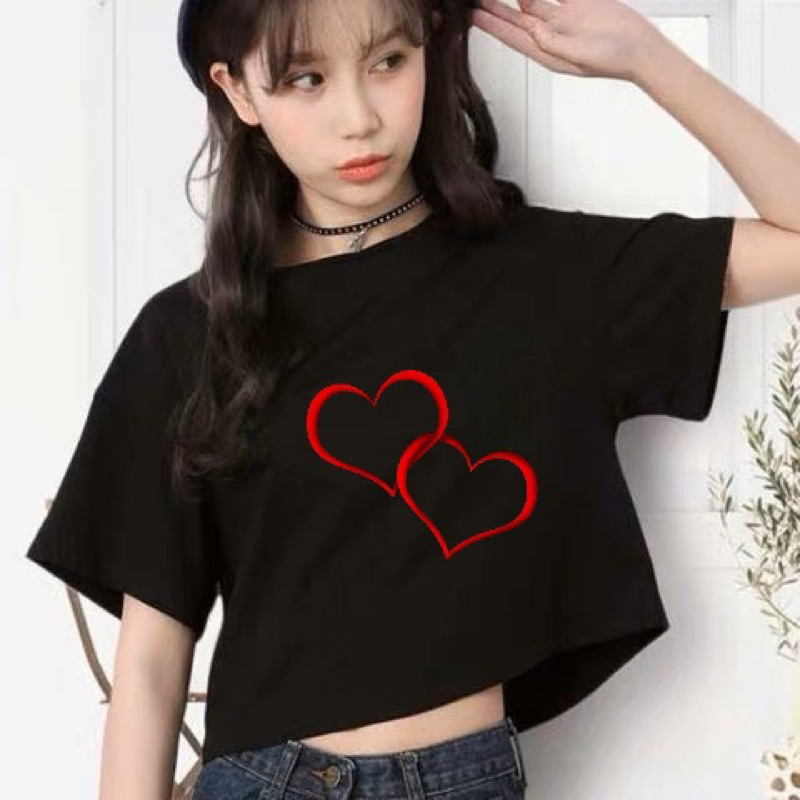 Áo Croptop Thun Cotton 100%  Form Rộng Tay Ngắn Cổ Tròn Hình In  TRÁI TIM CẶP 009 AT0032