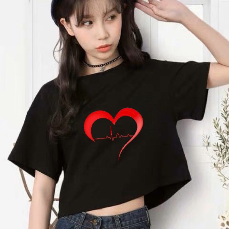 Áo Croptop Thun Cotton 100%  Form Rộng Tay Ngắn Cổ Tròn Hình In  TRÁI TIM 0011 AT 0034