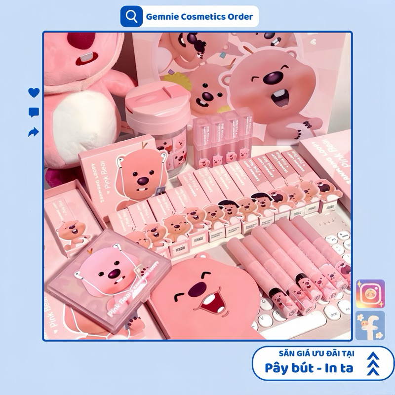 Set Makeup PINK BEAR Zangwang Loopy KÈM GẤU VÀ LY NƯỚC