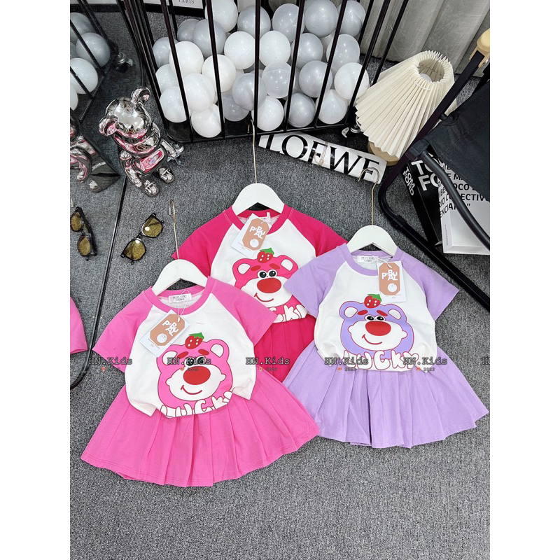 Sét váy gấu dâu cotton cho bé gái