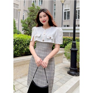 Váy nữ sang chảnh, đầm công sở, váy xinh cổ tròn thiết kế phối ren, caro cao cấp - Alice Store