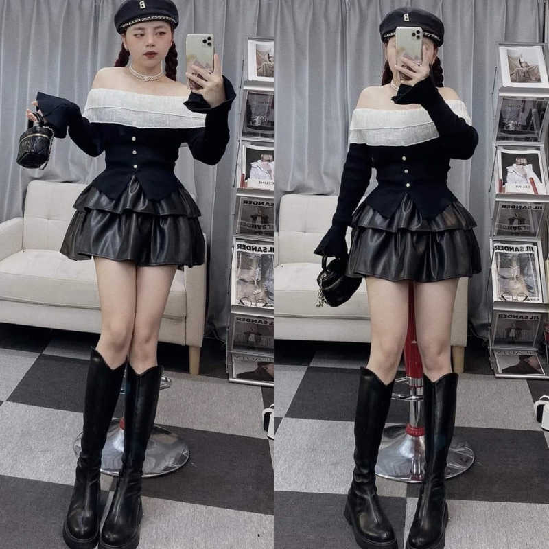 Chân Váy Da Xếp Ly Dáng Xoè 2 Tầng - Hàng Quảng Châu Loại 1