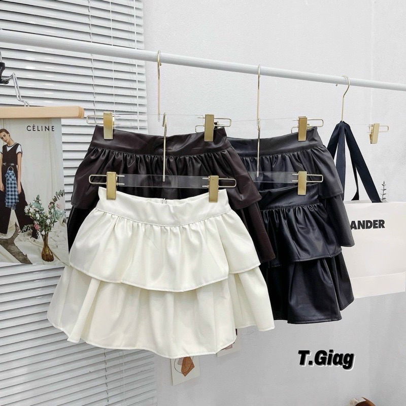 Chân Váy Da Xếp Ly Dáng Xoè 2 Tầng - Hàng Quảng Châu Loại 1