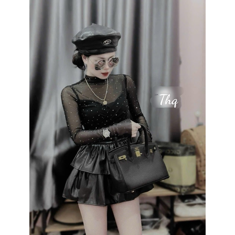 Chân Váy Da Xếp Ly Dáng Xoè 2 Tầng - Hàng Quảng Châu Loại 1