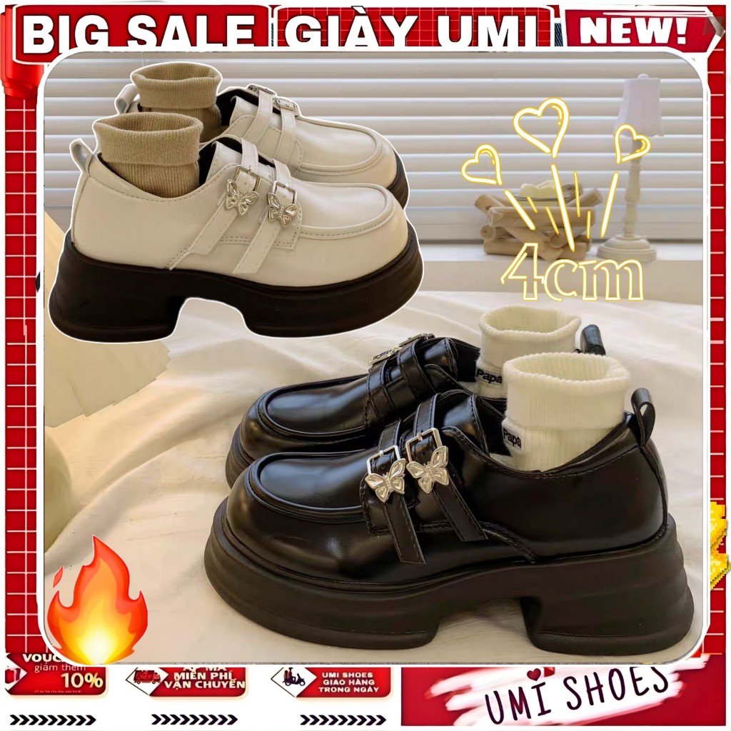 Giày Lười Oxford QUAI GẤP LOAFER màu Đen/Kem Đế Cao 6cm dáng Lolita mới đẹp hot thời trang