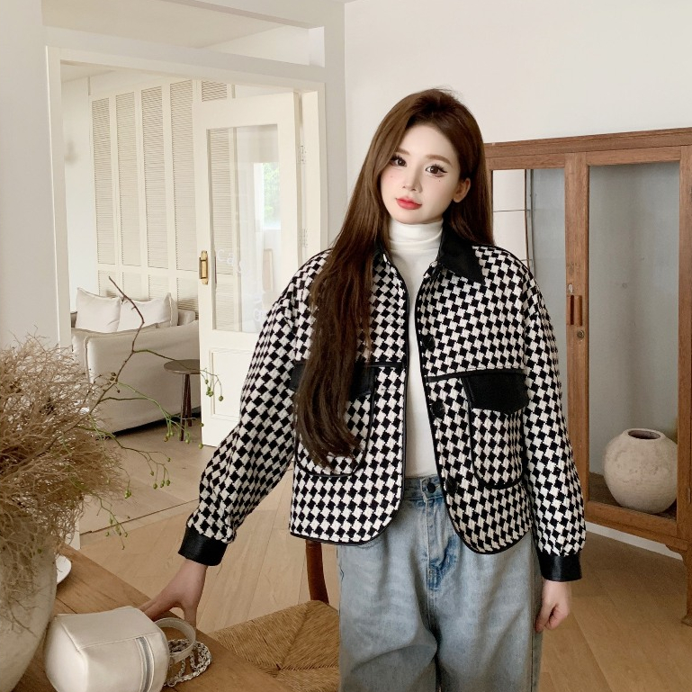 Áo khoác dạ tweed lót phao Forgirl phối da họa tiết kẻ caro FG007