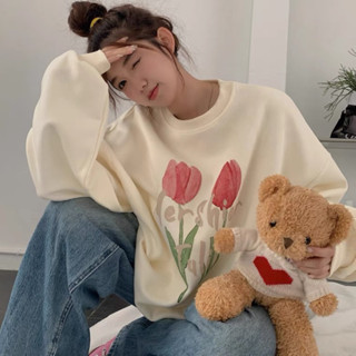  Áo sweater nữ. áo nỉ cổ tròn chất nỉ bông dày đẹp in hình hoa tulip 
