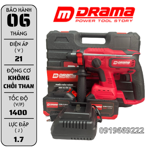 Máy khoan bê tông pin DRAMA D502 không chổi than, Chân pin thông dụng, Lực đập 1.7J