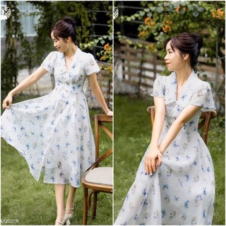 Đầm voan hoa vintage cổ lá đính cườm màu xanh nhẹ ngọt ngào nữ tính