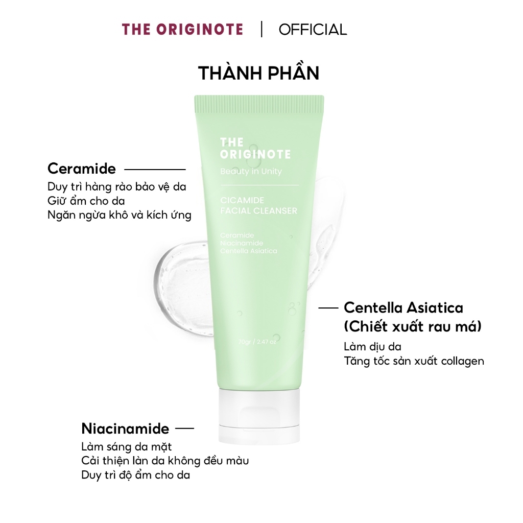 Sữa rửa mặt sáng da The Originote Cicamide Facial Cleanser với Ceramide Niacinamide và chiết xuất rau má 70gr 7621
