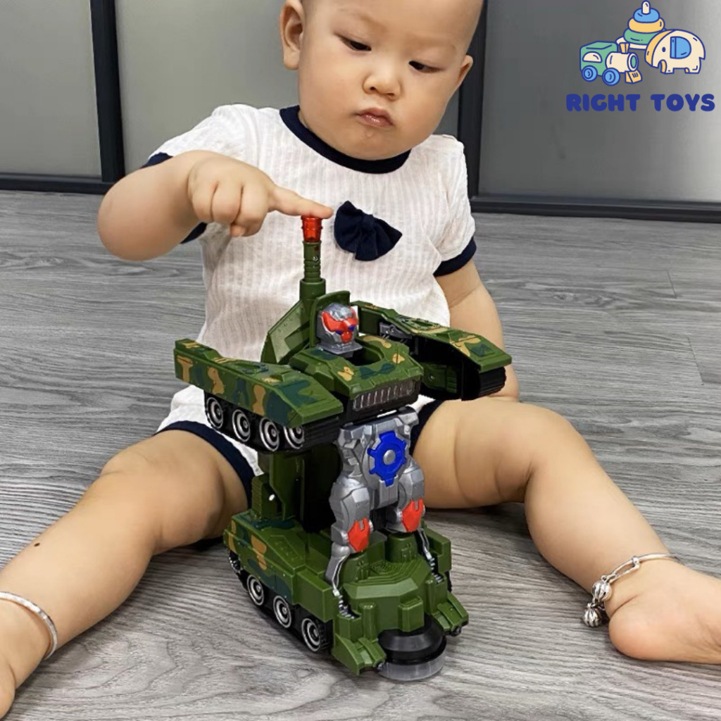 Đồ chơi trẻ em xe tăng biến hình robot tự động có đèn và nhạc