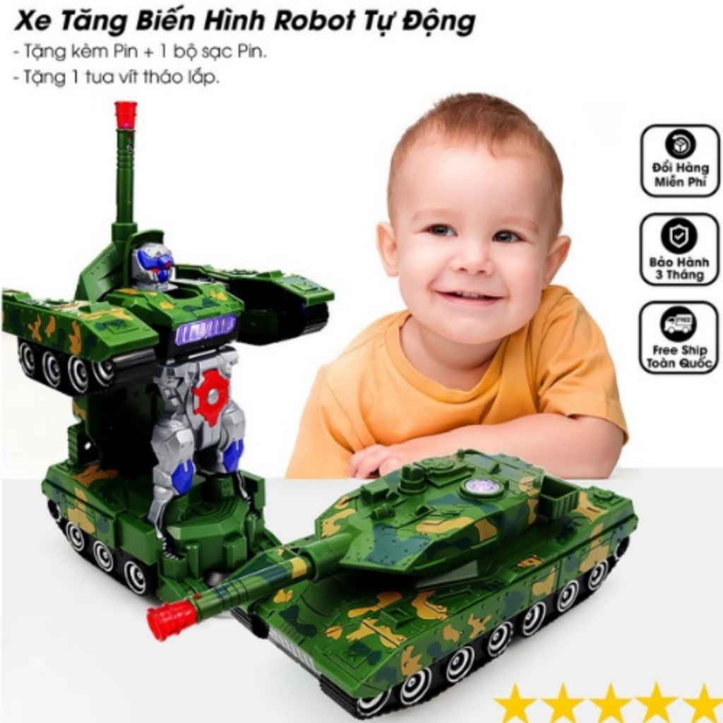 Đồ chơi trẻ em xe tăng biến hình robot tự động có đèn và nhạc