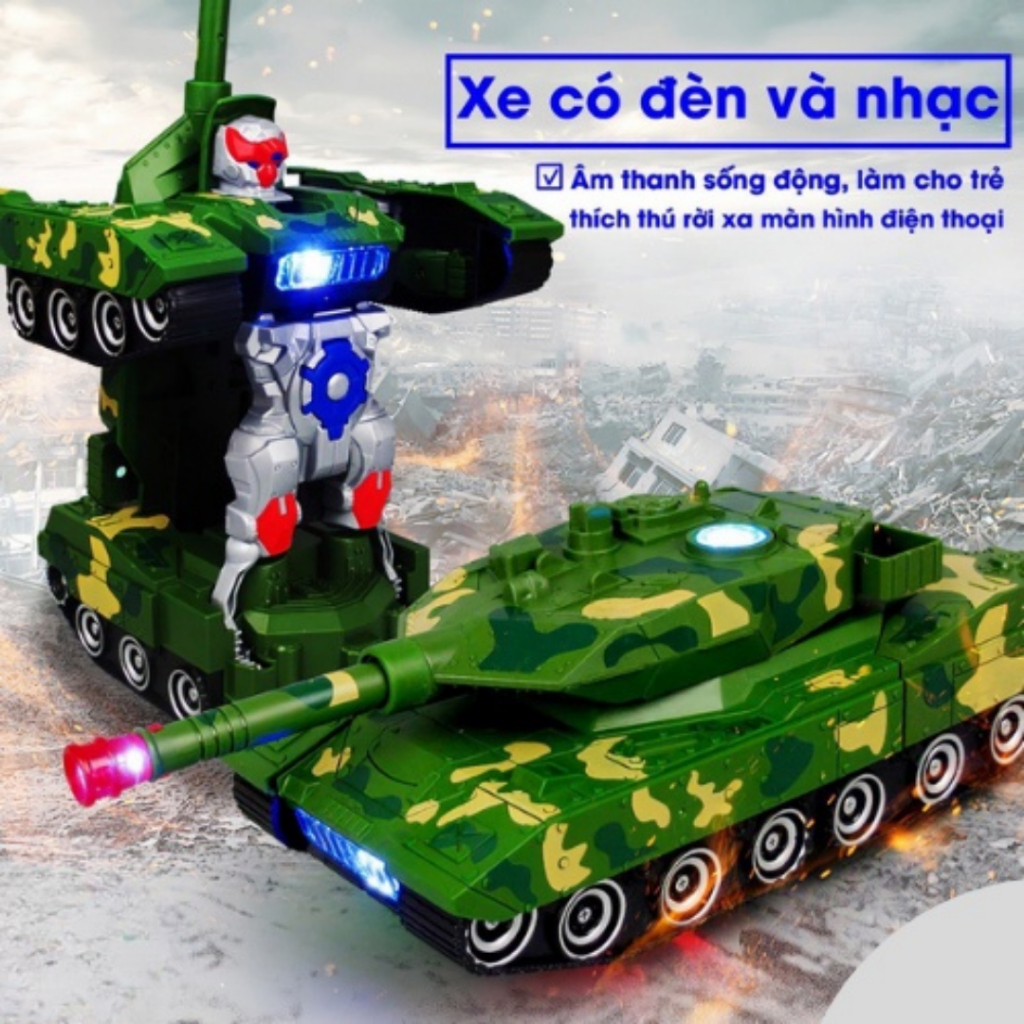 Đồ chơi trẻ em xe tăng biến hình robot tự động có đèn và nhạc