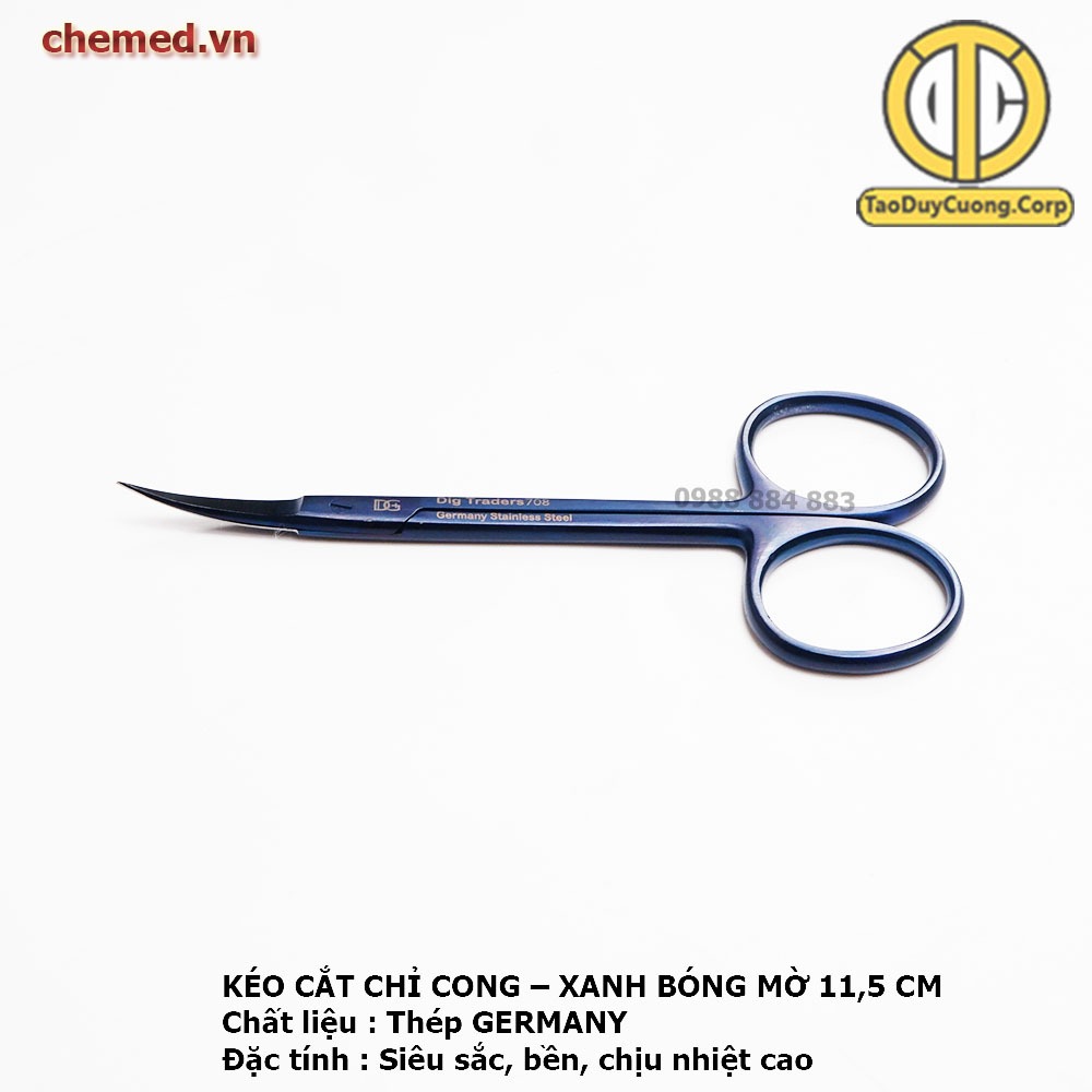 Kéo cắt chỉ cong full xanh bóng mờ dài 11,5 cm dùng trong y tế, phẫu thuật, spa