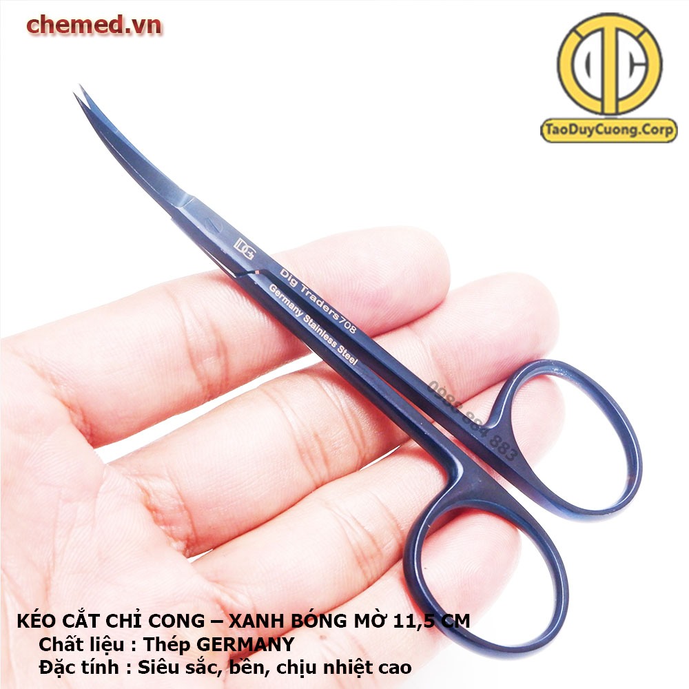 Kéo cắt chỉ cong full xanh bóng mờ dài 11,5 cm dùng trong y tế, phẫu thuật, spa