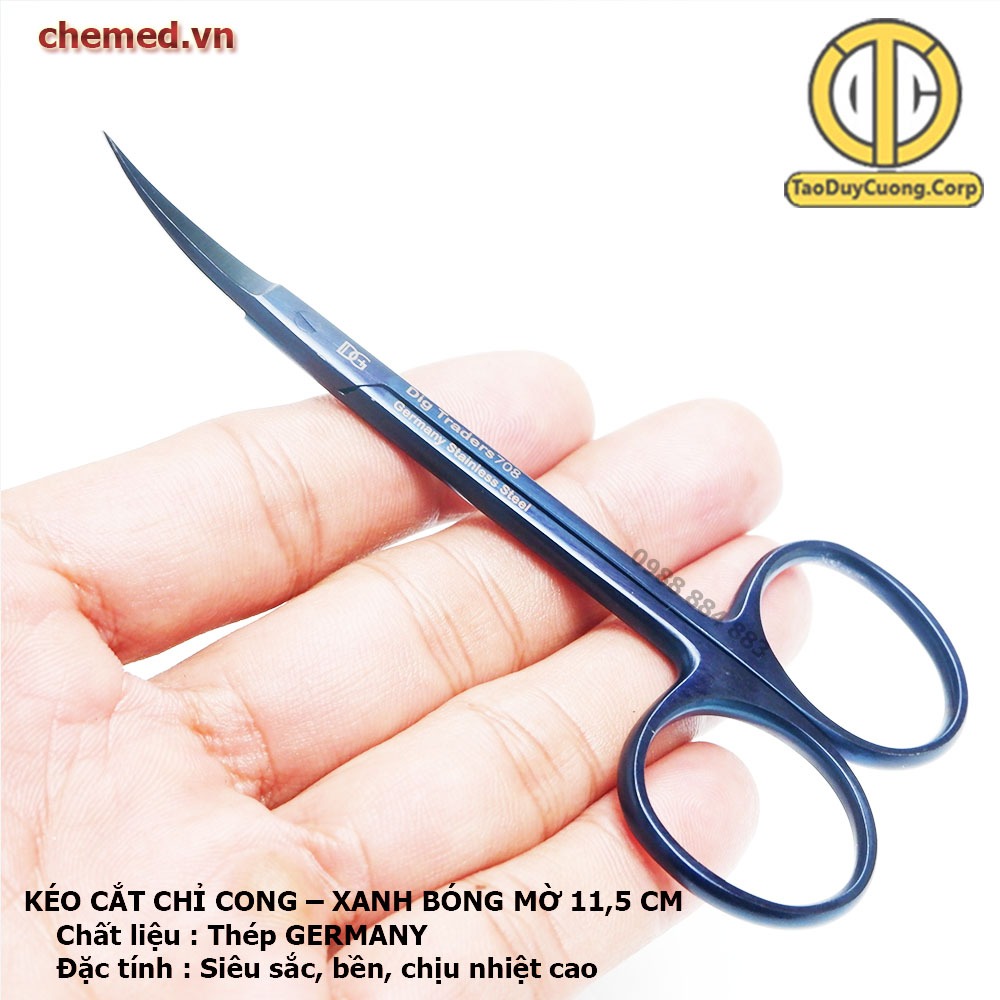 Kéo cắt chỉ cong full xanh bóng mờ dài 11,5 cm dùng trong y tế, phẫu thuật, spa